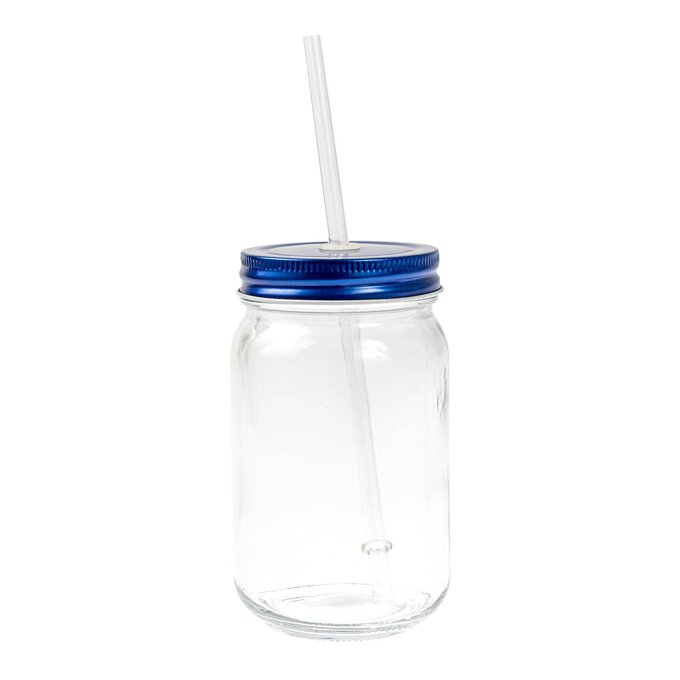 Blue Glass Drinking Jar with a Straw