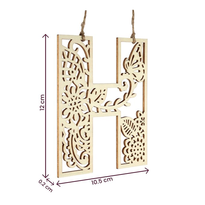 Wooden Filigree Hanging Letter H 12cm 4 Wooden Filigree Hanging Letter H 12cm