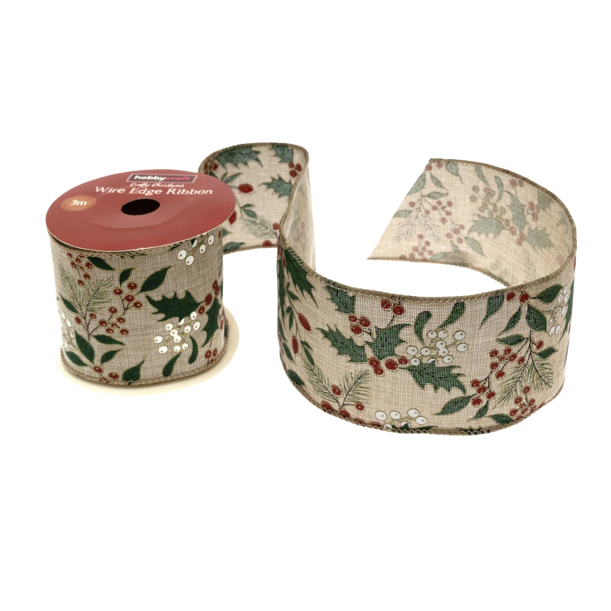 Holly and Berries Wire Edge Printed Ribbon 63mm x 3m 1 Holly and Berries Wire Edge Printed Ribbon 63mm x 3m