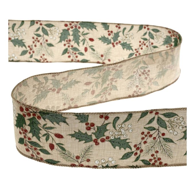 Holly and Berries Wire Edge Printed Ribbon 63mm x 3m 2 Holly and Berries Wire Edge Printed Ribbon 63mm x 3m