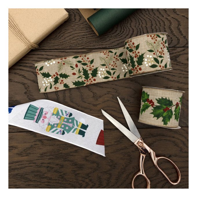 Holly and Berries Wire Edge Printed Ribbon 63mm x 3m 3 Holly and Berries Wire Edge Printed Ribbon 63mm x 3m