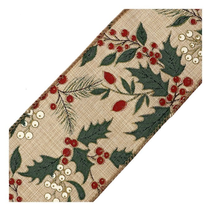 Holly and Berries Wire Edge Printed Ribbon 63mm x 3m 4 Holly and Berries Wire Edge Printed Ribbon 63mm x 3m
