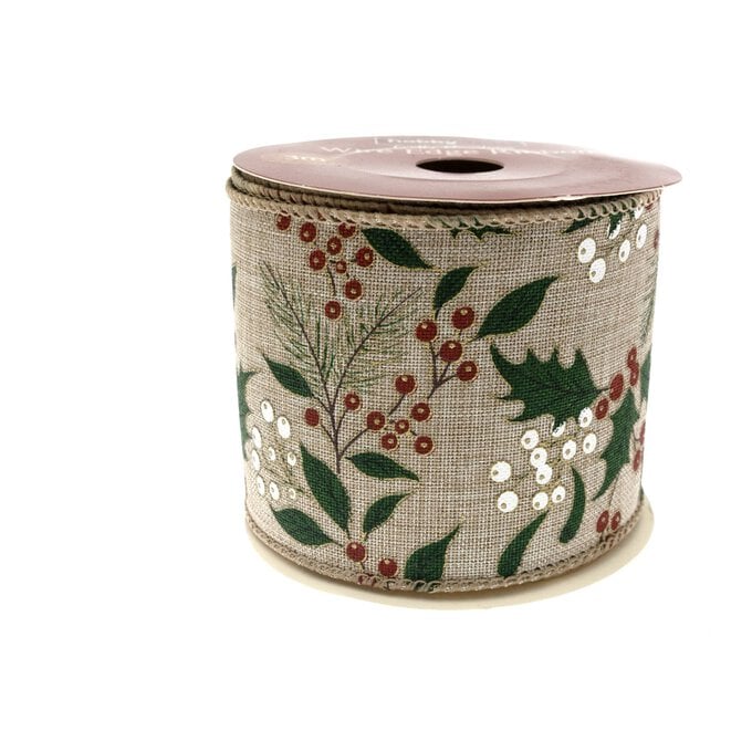 Holly and Berries Wire Edge Printed Ribbon 63mm x 3m 5 Holly and Berries Wire Edge Printed Ribbon 63mm x 3m