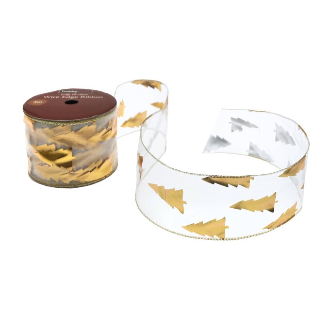 Gold Tree Wire Edge Organza Ribbon 63mm x 3m 1 Gold Tree Wire Edge Organza Ribbon 63mm x 3m