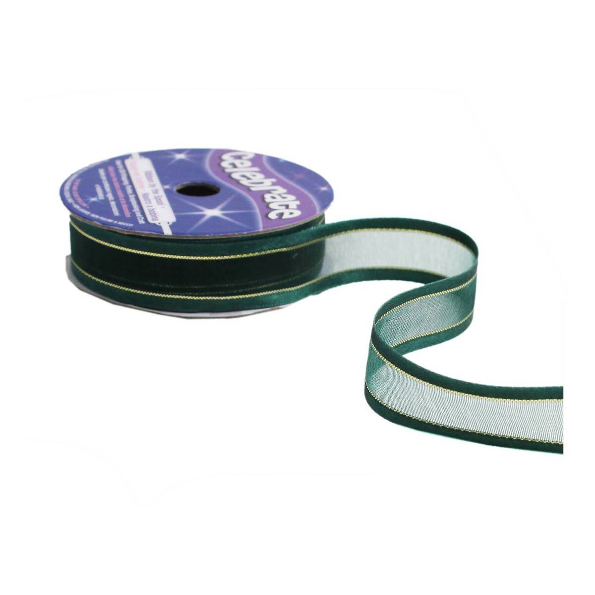 Hunter Green Organza Gold Satin-Edged Ribbon 15mm x 5m 2 Hunter Green Organza Gold Satin-Edged Ribbon 15mm x 5m