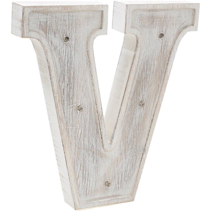 White Washed Wooden LED Letter V 21cm 3 White Washed Wooden LED Letter V 21cm