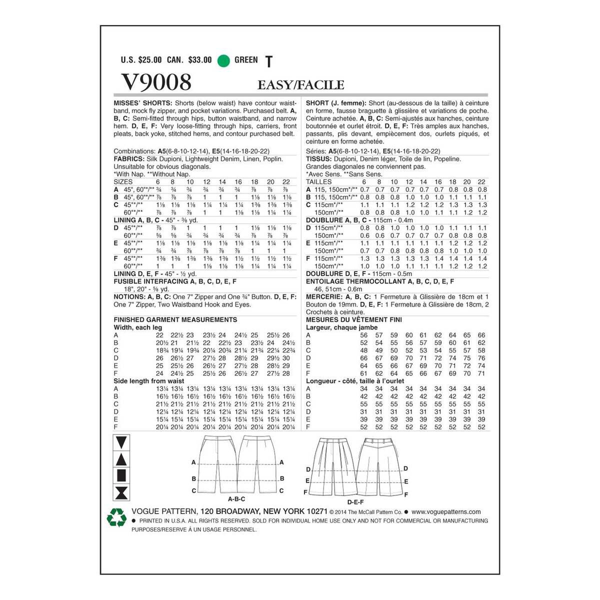 Vogue Women’s Shorts Sewing Pattern V9008 (6-14) 2 Vogue Women’s Shorts Sewing Pattern V9008 (6-14)