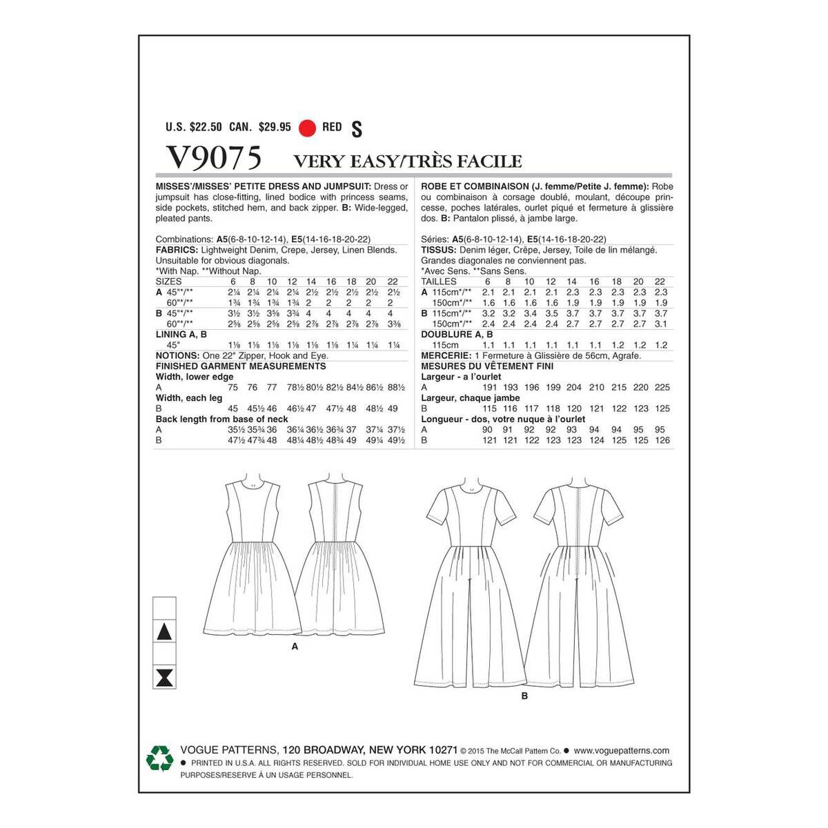 Vogue Dress and Jumpsuit Sewing Pattern V9075 (6-14) 2 Vogue Dress and Jumpsuit Sewing Pattern V9075 (6-14)