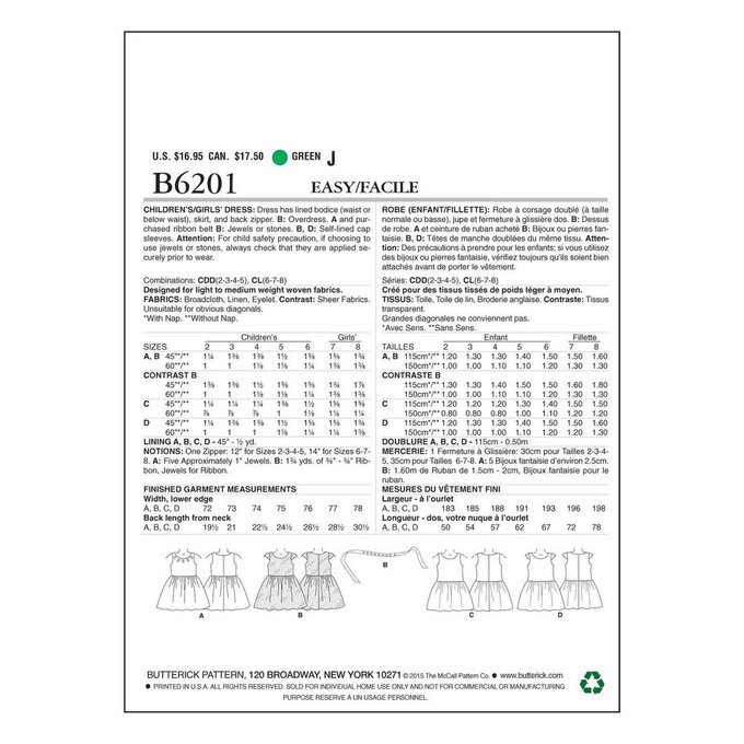 Butterick Children’s Dress Sewing Pattern B6201 (2-5) 2 Butterick Children’s Dress Sewing Pattern B6201 (2-5)